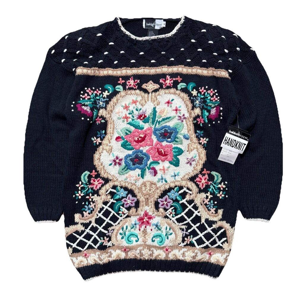 VTG 80s Beldoch Popper Women Sweater Size M Floral Hand Knit Cottagecore USA NWT